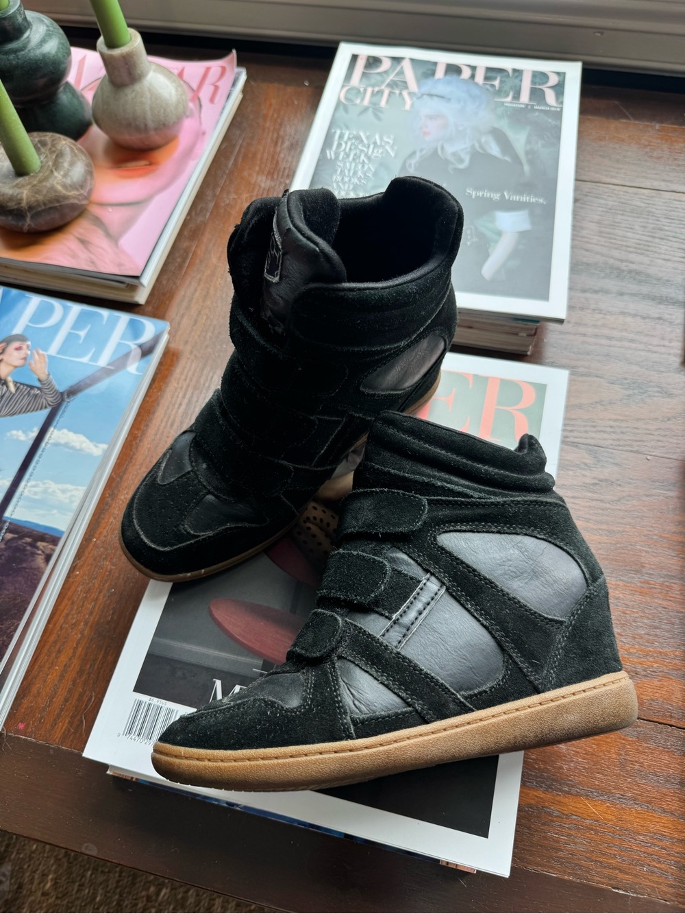 Black Wedge Suede & Leather Velcro Sneakers - Women